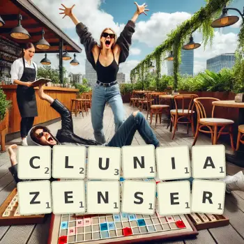 Kreative Illustration für ein Scrabble-Spiel, bei dem das Wort CLUNIAZENSER mit Steinen auf dem Brett gelegt wurde.