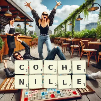 Kreative Illustration für ein Scrabble-Spiel, bei dem das Wort COCHENILLE mit Steinen auf dem Brett gelegt wurde.
