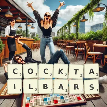 Kreative Illustration für ein Scrabble-Spiel, bei dem das Wort COCKTAILBARS mit Steinen auf dem Brett gelegt wurde.