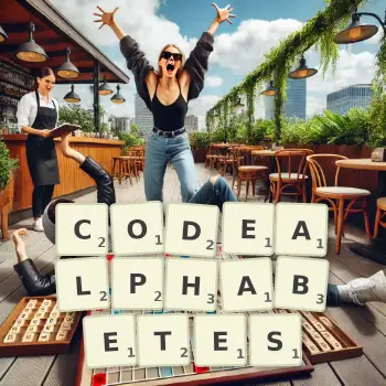 Kreative Illustration für ein Scrabble-Spiel, bei dem das Wort CODEALPHABETES mit Steinen auf dem Brett gelegt wurde.