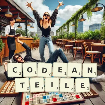 Kreative Illustration für ein Scrabble-Spiel, bei dem das Wort CODEANTEILE mit Steinen auf dem Brett gelegt wurde.