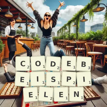 Kreative Illustration für ein Scrabble-Spiel, bei dem das Wort CODEBEISPIELEN mit Steinen auf dem Brett gelegt wurde.