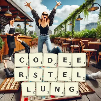 Kreative Illustration für ein Scrabble-Spiel, bei dem das Wort CODEERSTELLUNG mit Steinen auf dem Brett gelegt wurde.