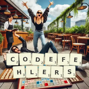 Kreative Illustration für ein Scrabble-Spiel, bei dem das Wort CODEFEHLERS mit Steinen auf dem Brett gelegt wurde.