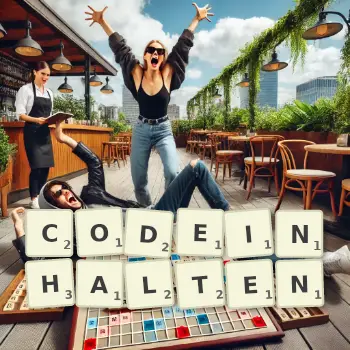 Kreative Illustration für ein Scrabble-Spiel, bei dem das Wort CODEINHALTEN mit Steinen auf dem Brett gelegt wurde.