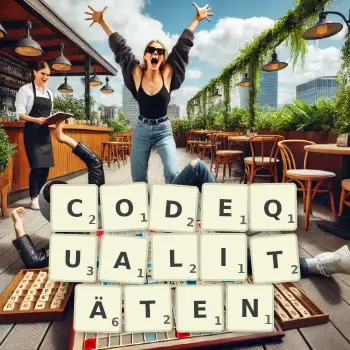 Kreative Illustration für ein Scrabble-Spiel, bei dem das Wort CODEQUALITÄTEN mit Steinen auf dem Brett gelegt wurde.