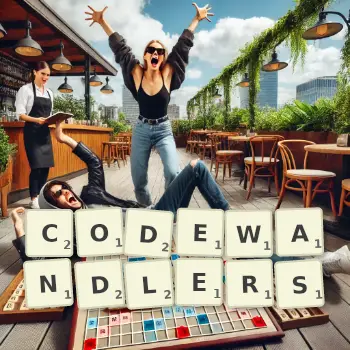 Kreative Illustration für ein Scrabble-Spiel, bei dem das Wort CODEWANDLERS mit Steinen auf dem Brett gelegt wurde.