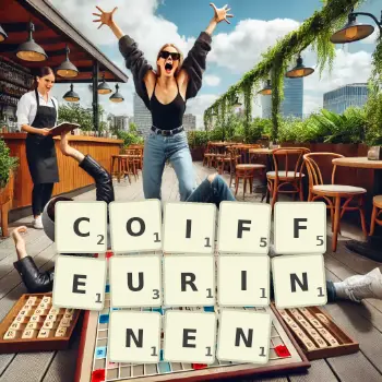 Kreative Illustration für ein Scrabble-Spiel, bei dem das Wort COIFFEURINNEN mit Steinen auf dem Brett gelegt wurde.
