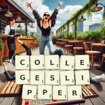 Kreative Illustration für ein Scrabble-Spiel, bei dem das Wort COLLEGESLIPPER mit Steinen auf dem Brett gelegt wurde.