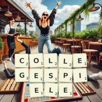 Kreative Illustration für ein Scrabble-Spiel, bei dem das Wort COLLEGESPIELE mit Steinen auf dem Brett gelegt wurde.
