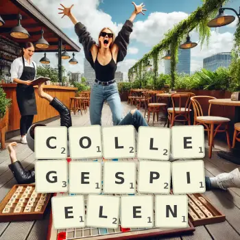 Kreative Illustration für ein Scrabble-Spiel, bei dem das Wort COLLEGESPIELEN mit Steinen auf dem Brett gelegt wurde.