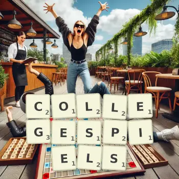Kreative Illustration für ein Scrabble-Spiel, bei dem das Wort COLLEGESPIELS mit Steinen auf dem Brett gelegt wurde.
