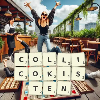 Kreative Illustration für ein Scrabble-Spiel, bei dem das Wort COLLICOKISTEN mit Steinen auf dem Brett gelegt wurde.