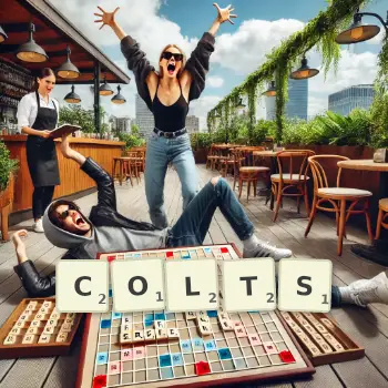 Kreative Illustration für ein Scrabble-Spiel, bei dem das Wort COLTS mit Steinen auf dem Brett gelegt wurde.