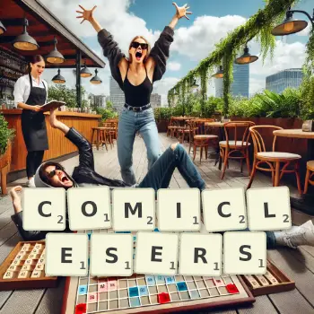 Kreative Illustration für ein Scrabble-Spiel, bei dem das Wort COMICLESERS mit Steinen auf dem Brett gelegt wurde.