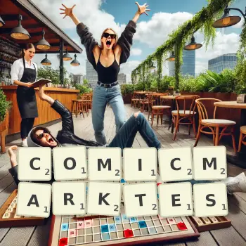 Kreative Illustration für ein Scrabble-Spiel, bei dem das Wort COMICMARKTES mit Steinen auf dem Brett gelegt wurde.