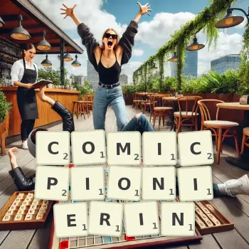 Kreative Illustration für ein Scrabble-Spiel, bei dem das Wort COMICPIONIERIN mit Steinen auf dem Brett gelegt wurde.