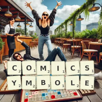 Kreative Illustration für ein Scrabble-Spiel, bei dem das Wort COMICSYMBOLE mit Steinen auf dem Brett gelegt wurde.