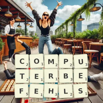 Kreative Illustration für ein Scrabble-Spiel, bei dem das Wort COMPUTERBEFEHLS mit Steinen auf dem Brett gelegt wurde.