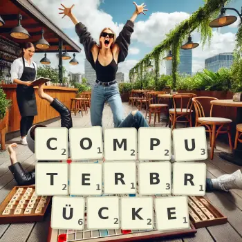 Kreative Illustration für ein Scrabble-Spiel, bei dem das Wort COMPUTERBRÜCKE mit Steinen auf dem Brett gelegt wurde.