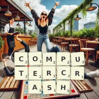 Kreative Illustration für ein Scrabble-Spiel, bei dem das Wort COMPUTERCRASH mit Steinen auf dem Brett gelegt wurde.