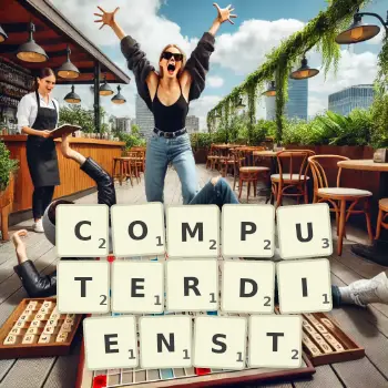 Kreative Illustration für ein Scrabble-Spiel, bei dem das Wort COMPUTERDIENST mit Steinen auf dem Brett gelegt wurde.