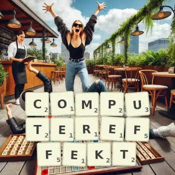 Kreative Illustration für ein Scrabble-Spiel, bei dem das Wort COMPUTEREFFEKT mit Steinen auf dem Brett gelegt wurde.