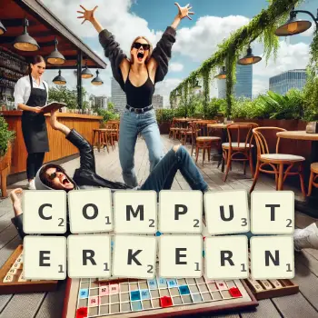 Kreative Illustration für ein Scrabble-Spiel, bei dem das Wort COMPUTERKERN mit Steinen auf dem Brett gelegt wurde.