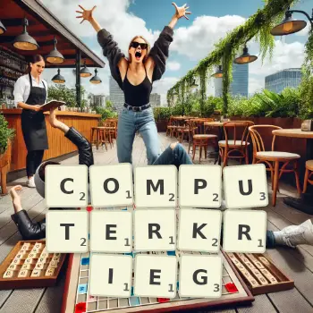 Kreative Illustration für ein Scrabble-Spiel, bei dem das Wort COMPUTERKRIEG mit Steinen auf dem Brett gelegt wurde.