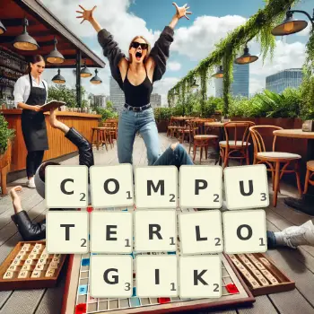 Kreative Illustration für ein Scrabble-Spiel, bei dem das Wort COMPUTERLOGIK mit Steinen auf dem Brett gelegt wurde.