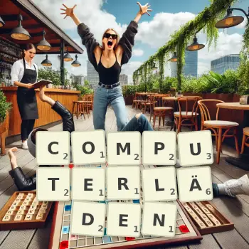 Kreative Illustration für ein Scrabble-Spiel, bei dem das Wort COMPUTERLÄDEN mit Steinen auf dem Brett gelegt wurde.
