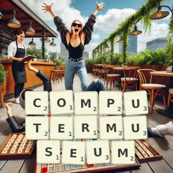 Kreative Illustration für ein Scrabble-Spiel, bei dem das Wort COMPUTERMUSEUM mit Steinen auf dem Brett gelegt wurde.