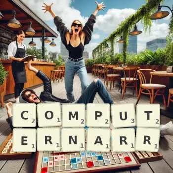 Kreative Illustration für ein Scrabble-Spiel, bei dem das Wort COMPUTERNARR mit Steinen auf dem Brett gelegt wurde.