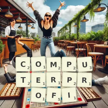 Kreative Illustration für ein Scrabble-Spiel, bei dem das Wort COMPUTERPROFI mit Steinen auf dem Brett gelegt wurde.