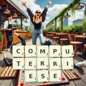 Kreative Illustration für ein Scrabble-Spiel, bei dem das Wort COMPUTERRIESE mit Steinen auf dem Brett gelegt wurde.