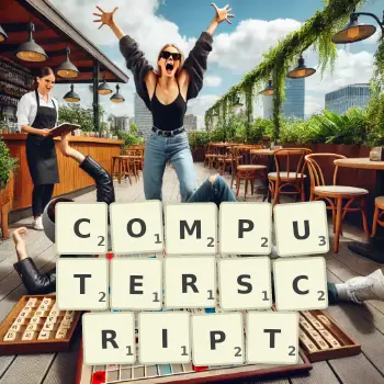 Kreative Illustration für ein Scrabble-Spiel, bei dem das Wort COMPUTERSCRIPT mit Steinen auf dem Brett gelegt wurde.