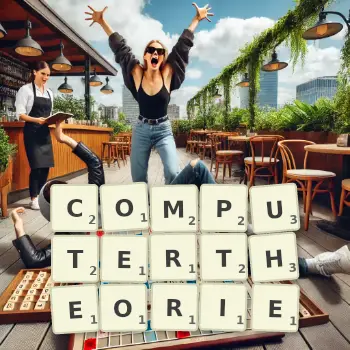 Kreative Illustration für ein Scrabble-Spiel, bei dem das Wort COMPUTERTHEORIE mit Steinen auf dem Brett gelegt wurde.