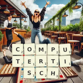 Kreative Illustration für ein Scrabble-Spiel, bei dem das Wort COMPUTERTISCH mit Steinen auf dem Brett gelegt wurde.