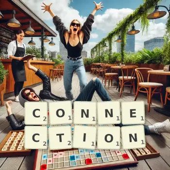 Kreative Illustration für ein Scrabble-Spiel, bei dem das Wort CONNECTION mit Steinen auf dem Brett gelegt wurde.