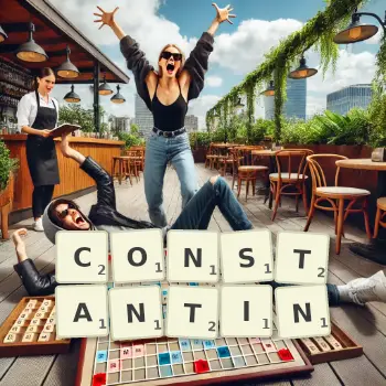 Kreative Illustration für ein Scrabble-Spiel, bei dem das Wort CONSTANTIN mit Steinen auf dem Brett gelegt wurde.