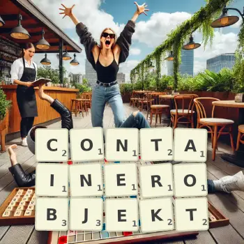 Kreative Illustration für ein Scrabble-Spiel, bei dem das Wort CONTAINEROBJEKT mit Steinen auf dem Brett gelegt wurde.