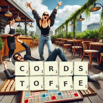 Kreative Illustration für ein Scrabble-Spiel, bei dem das Wort CORDSTOFFE mit Steinen auf dem Brett gelegt wurde.