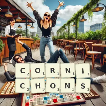 Kreative Illustration für ein Scrabble-Spiel, bei dem das Wort CORNICHONS mit Steinen auf dem Brett gelegt wurde.