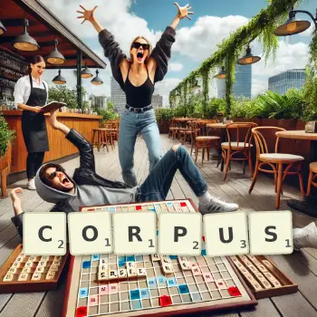Kreative Illustration für ein Scrabble-Spiel, bei dem das Wort CORPUS mit Steinen auf dem Brett gelegt wurde.