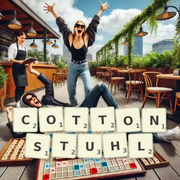 Kreative Illustration für ein Scrabble-Spiel, bei dem das Wort COTTONSTUHL mit Steinen auf dem Brett gelegt wurde.