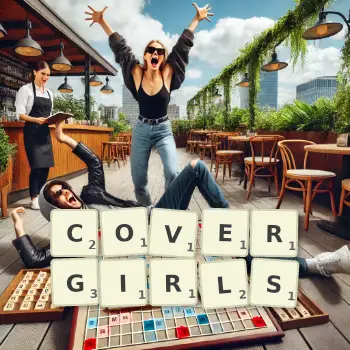Kreative Illustration für ein Scrabble-Spiel, bei dem das Wort COVERGIRLS mit Steinen auf dem Brett gelegt wurde.