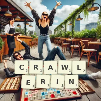 Kreative Illustration für ein Scrabble-Spiel, bei dem das Wort CRAWLERIN mit Steinen auf dem Brett gelegt wurde.