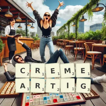 Kreative Illustration für ein Scrabble-Spiel, bei dem das Wort CREMEARTIG mit Steinen auf dem Brett gelegt wurde.