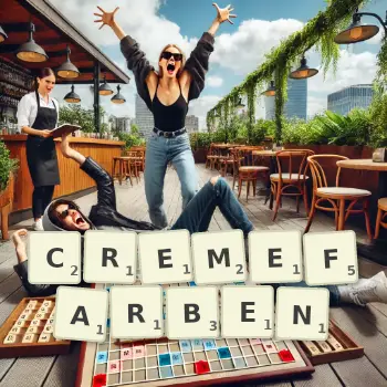 Kreative Illustration für ein Scrabble-Spiel, bei dem das Wort CREMEFARBEN mit Steinen auf dem Brett gelegt wurde.