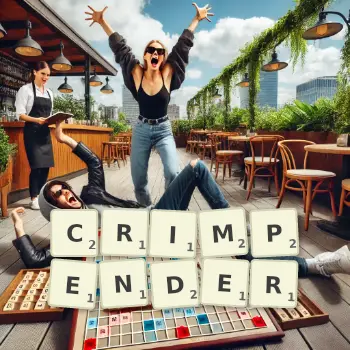Kreative Illustration für ein Scrabble-Spiel, bei dem das Wort CRIMPENDER mit Steinen auf dem Brett gelegt wurde.